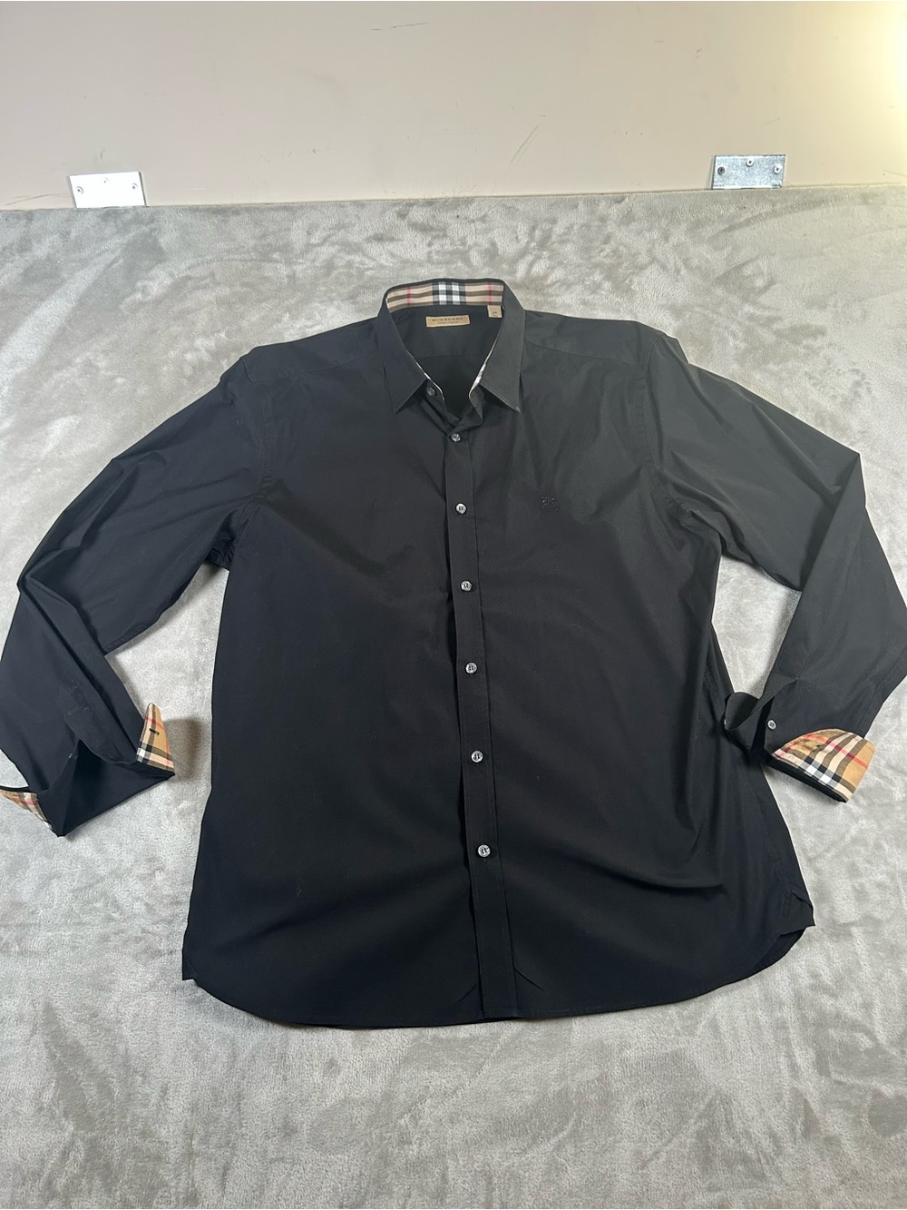 Burberry Black Button-Down Shirt with Signature Check Accents - Picture 2 of 14